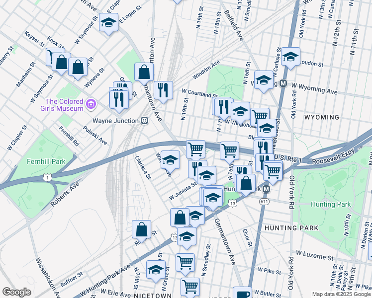 map of restaurants, bars, coffee shops, grocery stores, and more near 4341 Germantown Avenue in Philadelphia