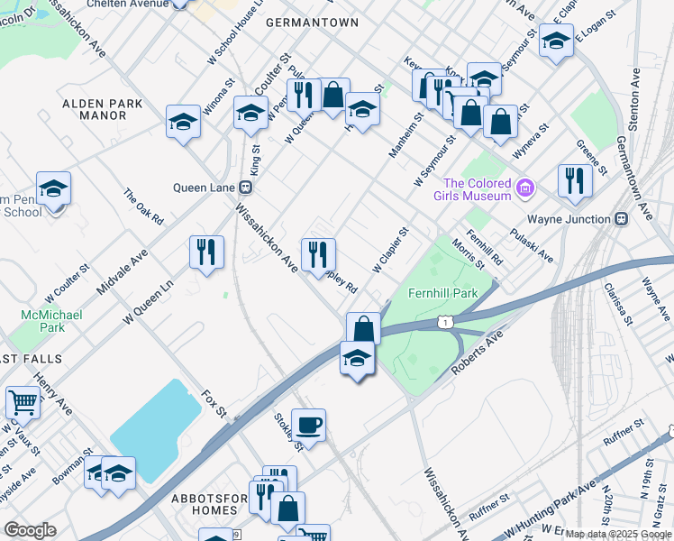 map of restaurants, bars, coffee shops, grocery stores, and more near 5035 Copley Road in Philadelphia