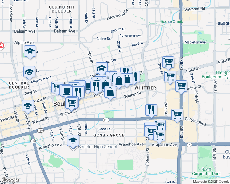 map of restaurants, bars, coffee shops, grocery stores, and more near 2118 Pearl Street in Boulder