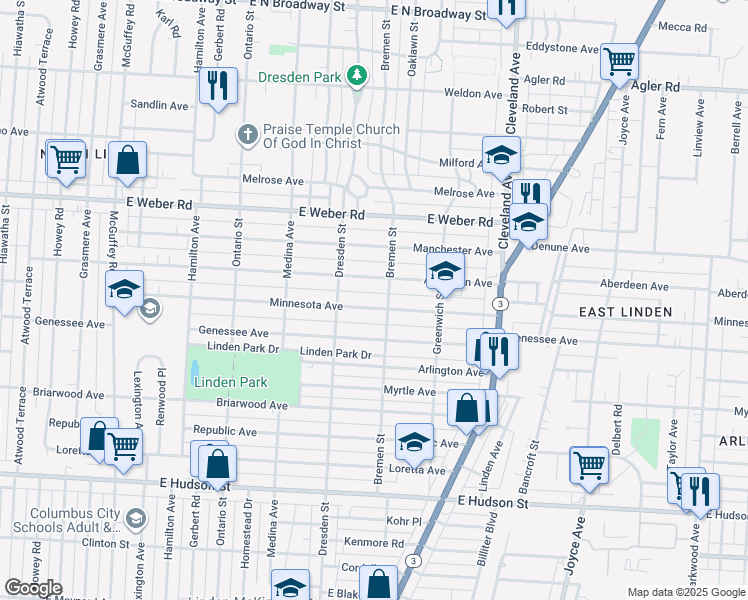 map of restaurants, bars, coffee shops, grocery stores, and more near 1500 Minnesota Avenue in Columbus