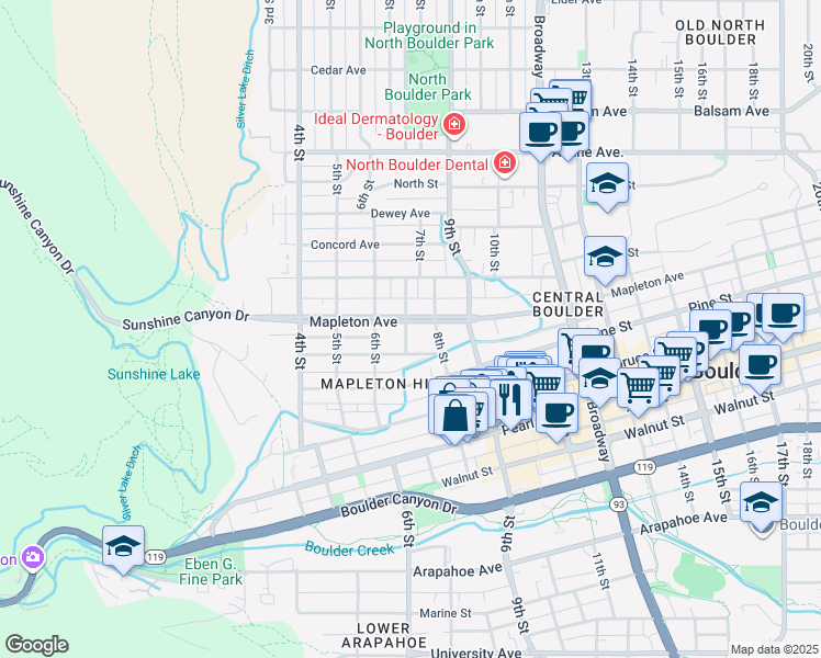 map of restaurants, bars, coffee shops, grocery stores, and more near 704 Mapleton Avenue in Boulder