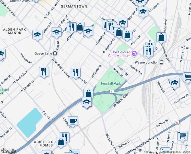 map of restaurants, bars, coffee shops, grocery stores, and more near 4927 Laurens Street in Philadelphia