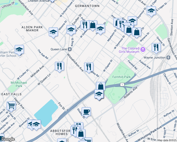 map of restaurants, bars, coffee shops, grocery stores, and more near 5058 Copley Road in Philadelphia