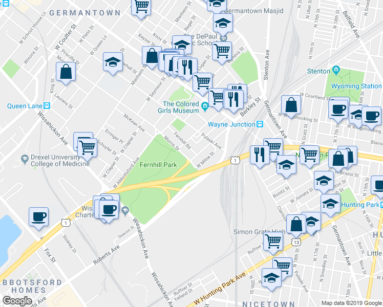 map of restaurants, bars, coffee shops, grocery stores, and more near 4530 Fernhill Road in Philadelphia