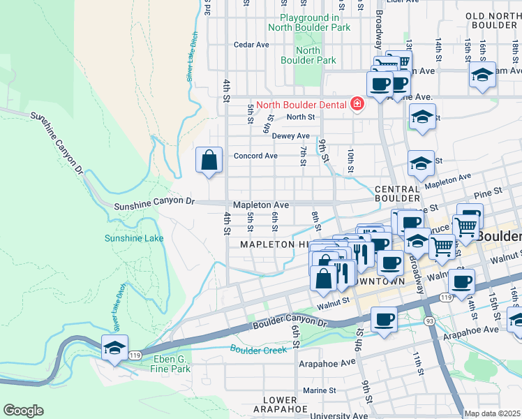 map of restaurants, bars, coffee shops, grocery stores, and more near 520 Mapleton Avenue in Boulder