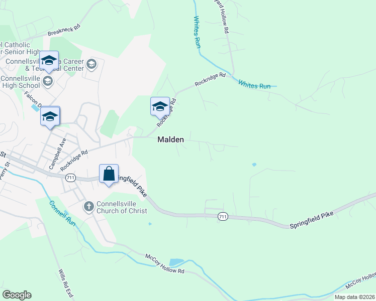 map of restaurants, bars, coffee shops, grocery stores, and more near 705 Petersburg Road in Connellsville