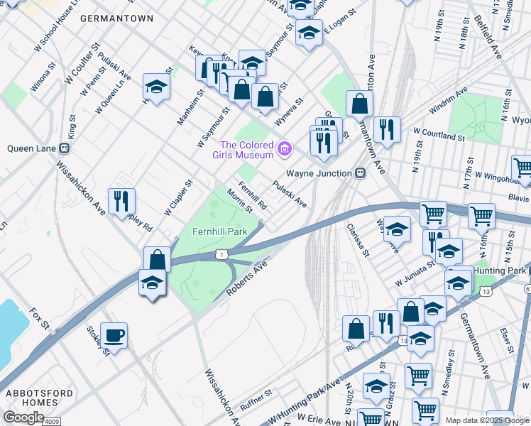 map of restaurants, bars, coffee shops, grocery stores, and more near 4530 Fernhill Road in Philadelphia