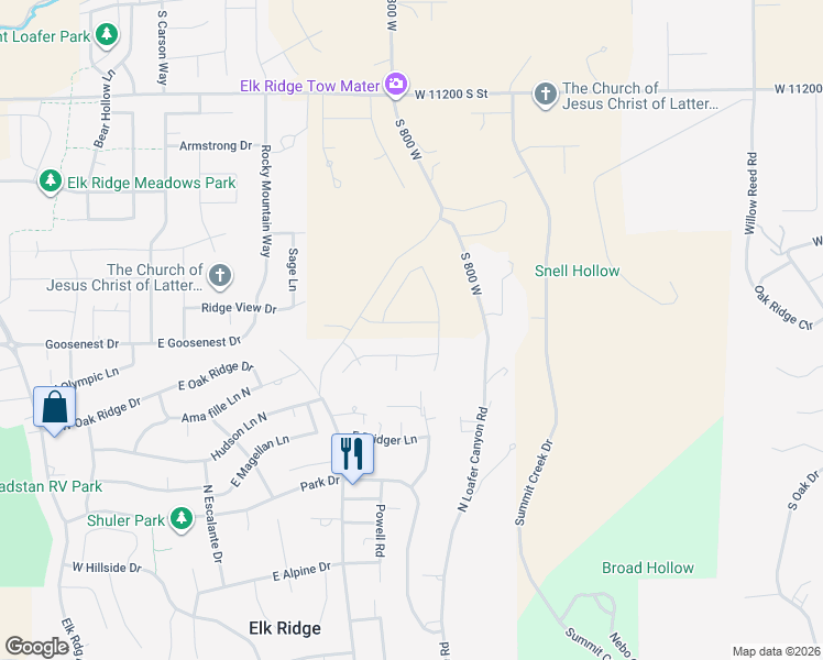 map of restaurants, bars, coffee shops, grocery stores, and more near 672 East Birch Lane in Elk Ridge