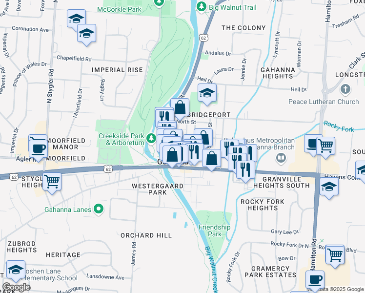 map of restaurants, bars, coffee shops, grocery stores, and more near 101 North High Street in Gahanna