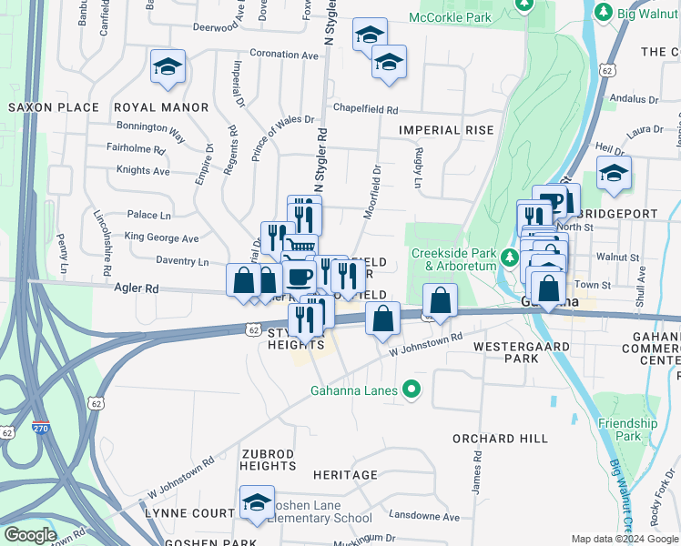 map of restaurants, bars, coffee shops, grocery stores, and more near 327 Amfield Court in Columbus