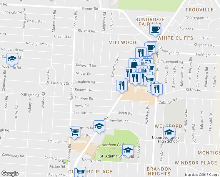 map of restaurants, bars, coffee shops, grocery stores, and more near 3127 Somerford Road in Columbus