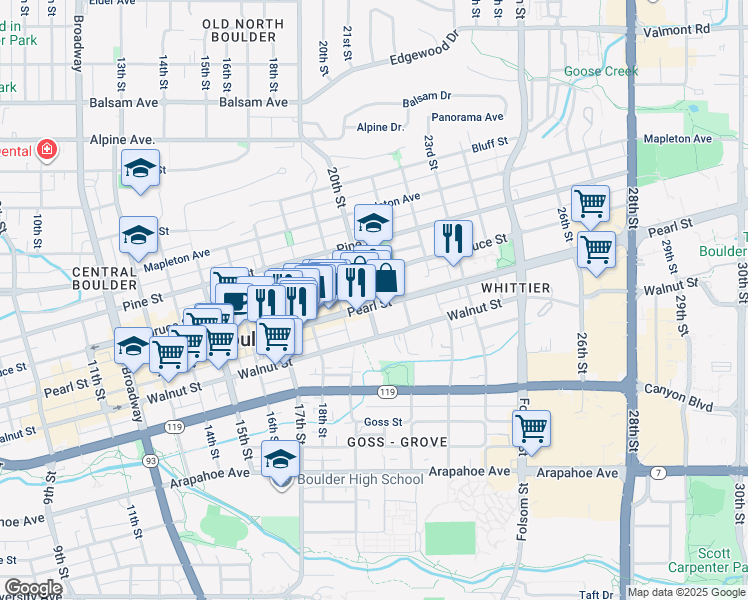 map of restaurants, bars, coffee shops, grocery stores, and more near in Boulder