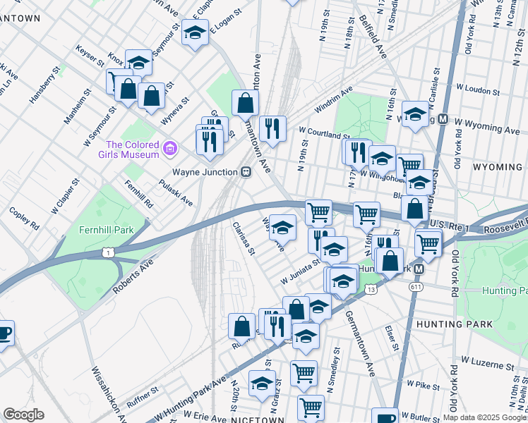 map of restaurants, bars, coffee shops, grocery stores, and more near 4365 Wayne Avenue in Philadelphia