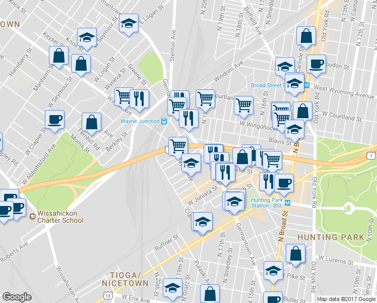 map of restaurants, bars, coffee shops, grocery stores, and more near 1923 Dennie Street in Philadelphia