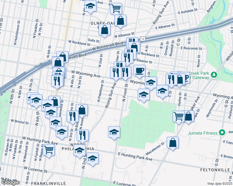 map of restaurants, bars, coffee shops, grocery stores, and more near 135 West Courtland Street in Philadelphia