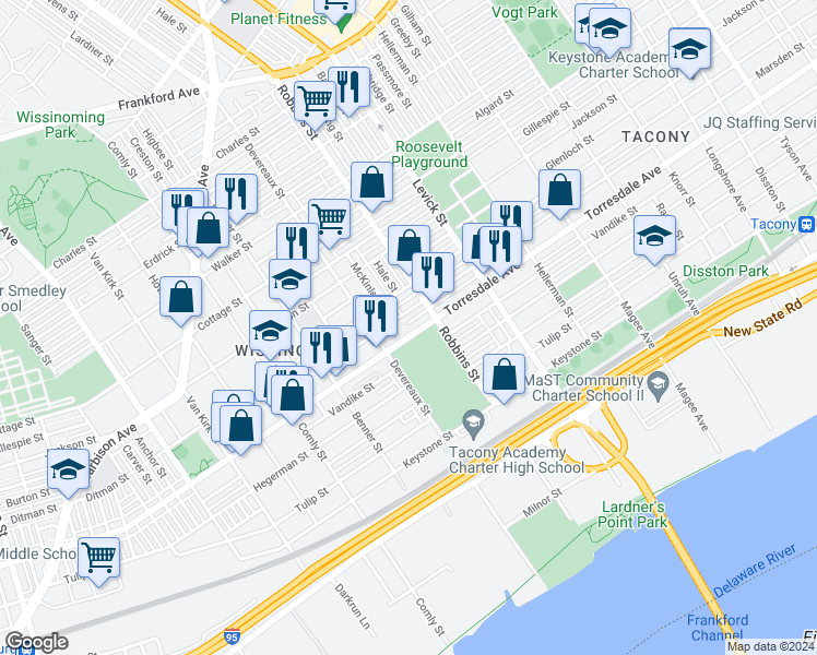 map of restaurants, bars, coffee shops, grocery stores, and more near 6226 Torresdale Ave in Philadelphia