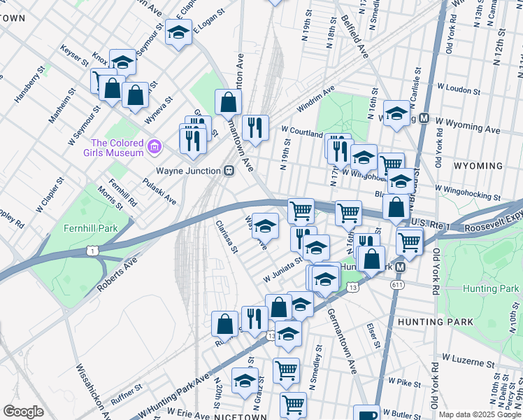 map of restaurants, bars, coffee shops, grocery stores, and more near 1923 Dennie Street in Philadelphia