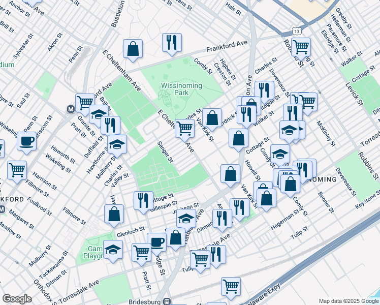 map of restaurants, bars, coffee shops, grocery stores, and more near 5448 Montague Street in Philadelphia