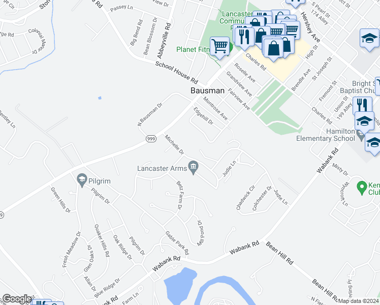map of restaurants, bars, coffee shops, grocery stores, and more near 11 Michelle Drive in Lancaster