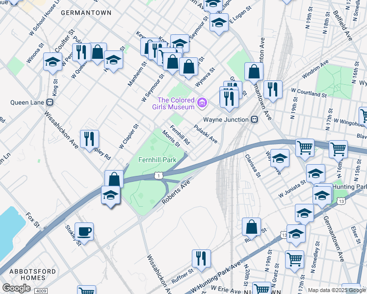 map of restaurants, bars, coffee shops, grocery stores, and more near 4541 Morris Street in Philadelphia