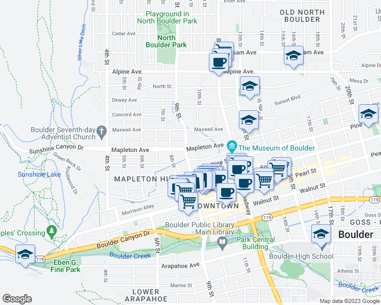 map of restaurants, bars, coffee shops, grocery stores, and more near 914 Mapleton Avenue in Boulder