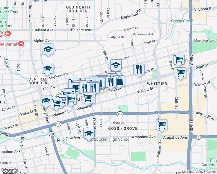 map of restaurants, bars, coffee shops, grocery stores, and more near in Boulder