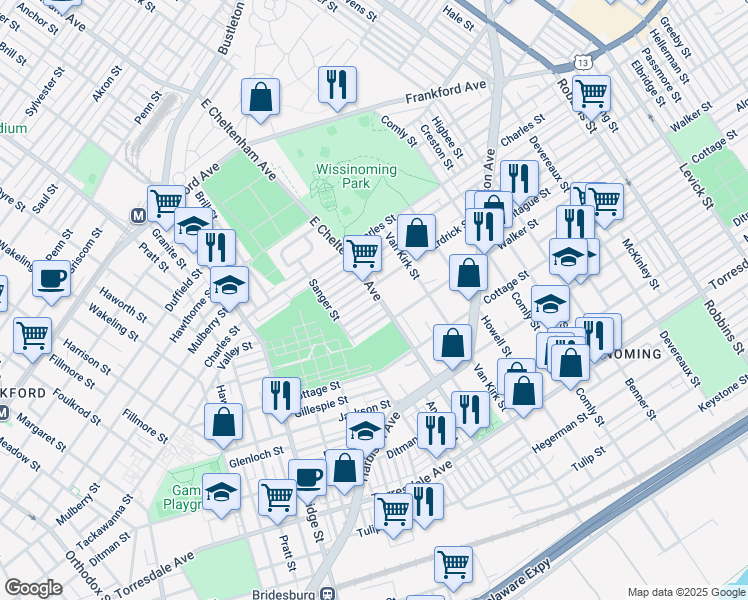 map of restaurants, bars, coffee shops, grocery stores, and more near 5448 Montague Street in Philadelphia