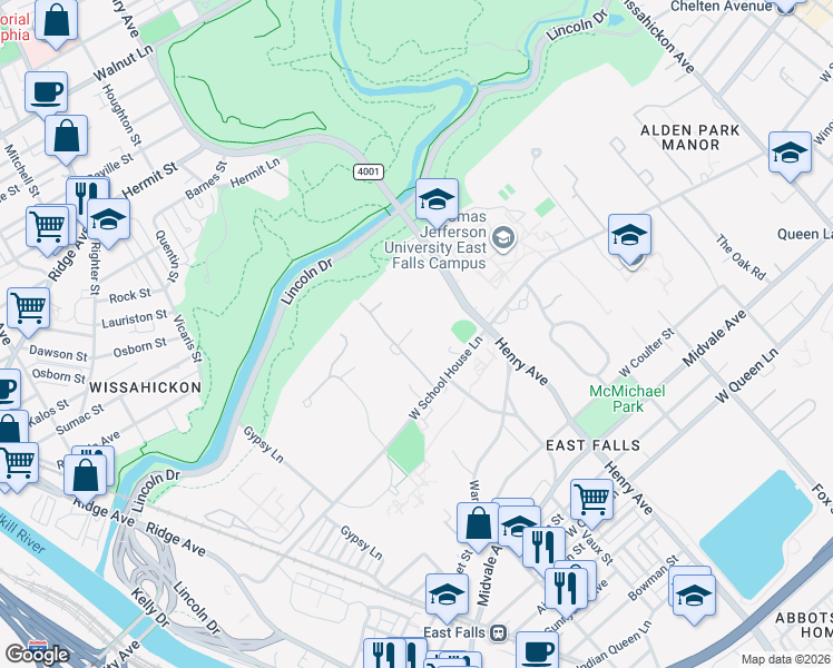map of restaurants, bars, coffee shops, grocery stores, and more near 4101 Timber Lane in Philadelphia
