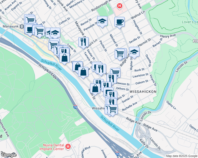 map of restaurants, bars, coffee shops, grocery stores, and more near 114 Salaignac Street in Philadelphia