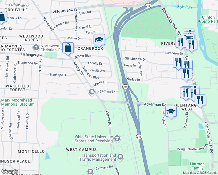 map of restaurants, bars, coffee shops, grocery stores, and more near 922 Chatham Lane in Columbus