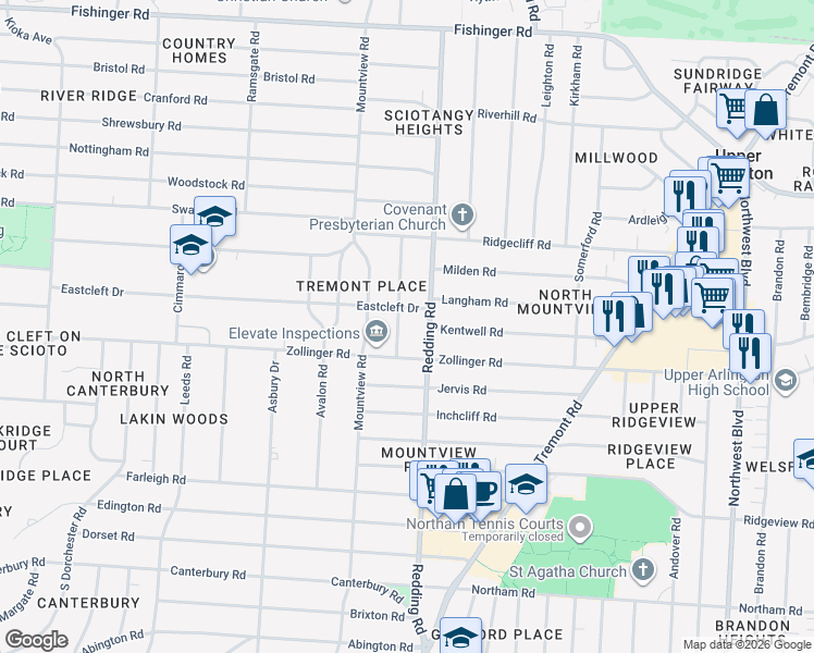 map of restaurants, bars, coffee shops, grocery stores, and more near 3151 Redding Road in Columbus