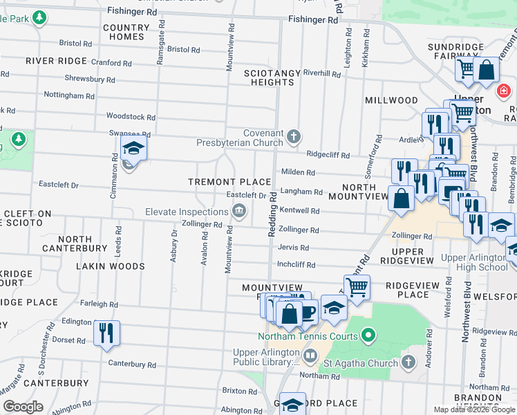 map of restaurants, bars, coffee shops, grocery stores, and more near 3151 Redding Road in Columbus