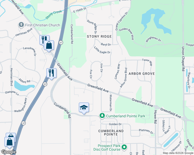map of restaurants, bars, coffee shops, grocery stores, and more near 101 Fox Circle in Noblesville