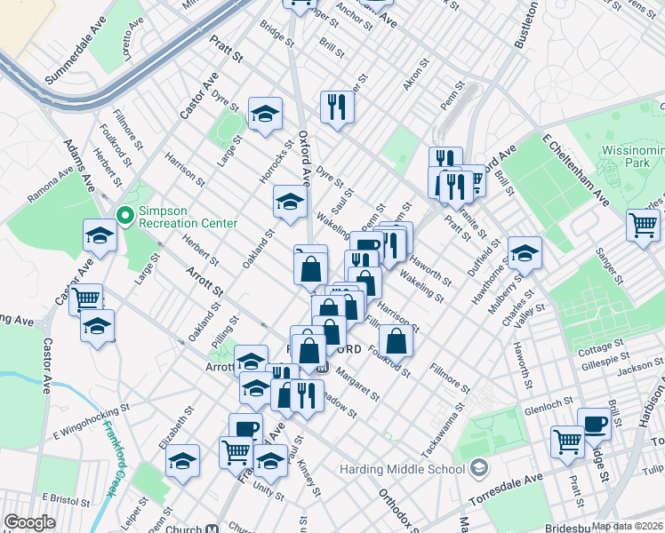 map of restaurants, bars, coffee shops, grocery stores, and more near 4831 Oxford Avenue in Philadelphia