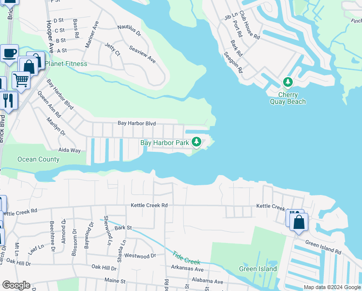 map of restaurants, bars, coffee shops, grocery stores, and more near 16 Blue Cedar Drive in Brick