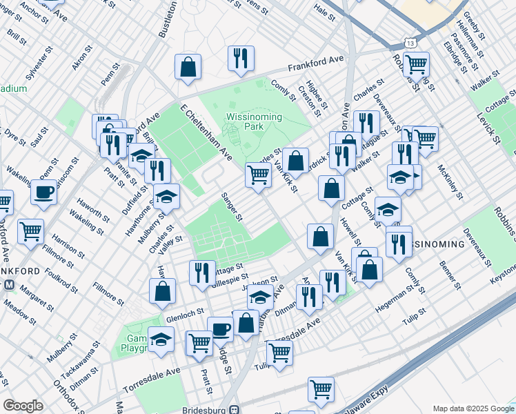 map of restaurants, bars, coffee shops, grocery stores, and more near 5441 Erdrick St in Philadelphia