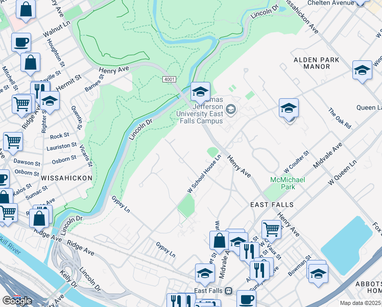 map of restaurants, bars, coffee shops, grocery stores, and more near 4109 Timber Lane in Philadelphia