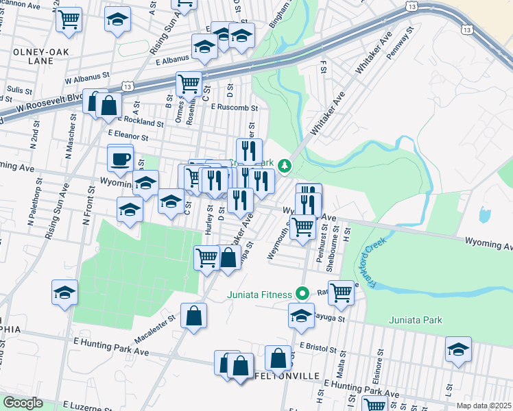 map of restaurants, bars, coffee shops, grocery stores, and more near Whitaker Ave & E Wyoming Ave in Philadelphia