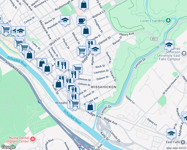map of restaurants, bars, coffee shops, grocery stores, and more near 323 Righter Street in Philadelphia
