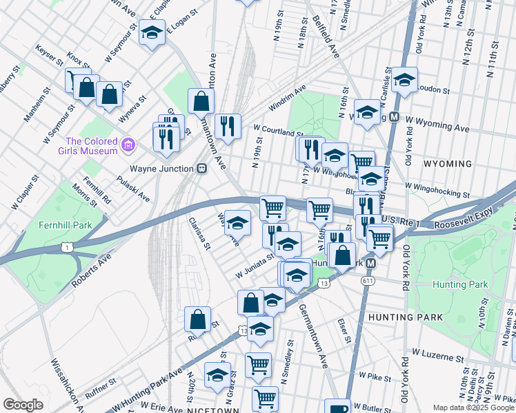 map of restaurants, bars, coffee shops, grocery stores, and more near 4345 Germantown Avenue in Philadelphia