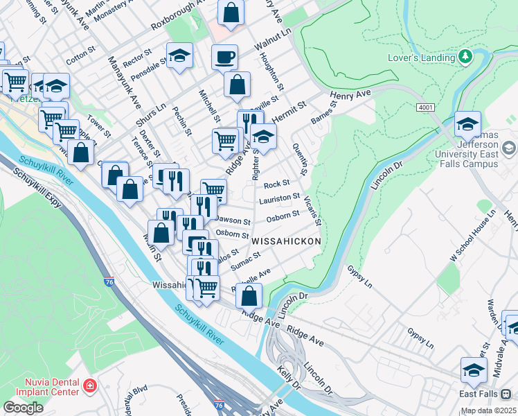 map of restaurants, bars, coffee shops, grocery stores, and more near 323 Righter Street in Philadelphia