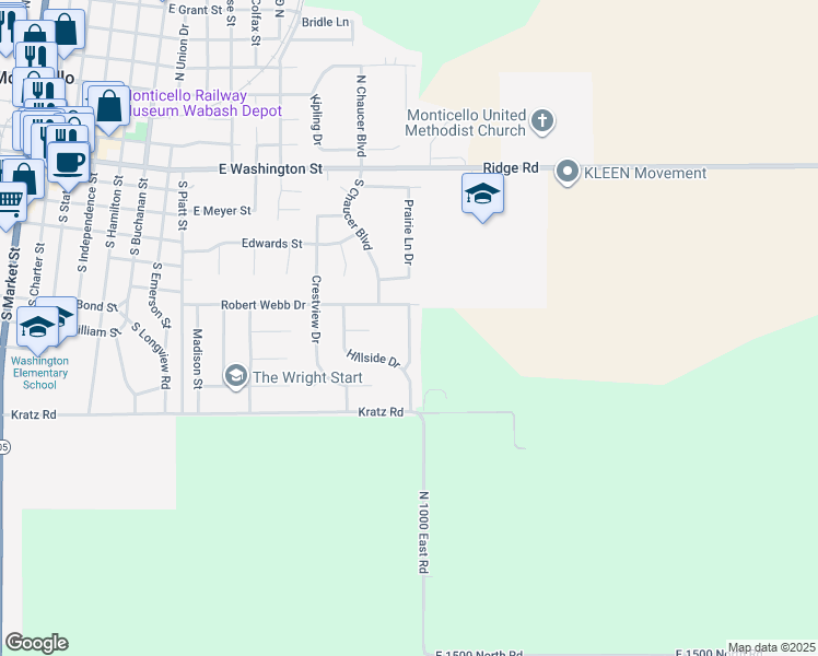 map of restaurants, bars, coffee shops, grocery stores, and more near 707 Prairie Lane Drive in Monticello