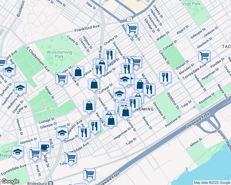 map of restaurants, bars, coffee shops, grocery stores, and more near 4424 Higbee St in Philadelphia