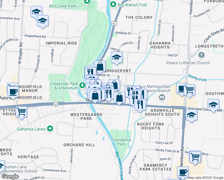map of restaurants, bars, coffee shops, grocery stores, and more near 106 Short Street in Columbus