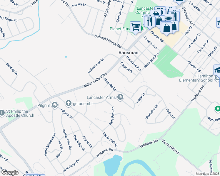 map of restaurants, bars, coffee shops, grocery stores, and more near 10 Michelle Drive in Lancaster