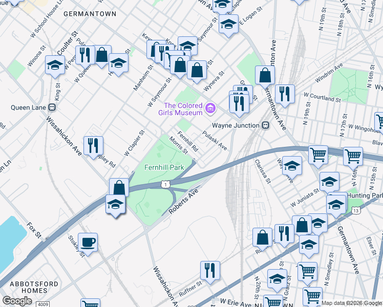 map of restaurants, bars, coffee shops, grocery stores, and more near 4500 Morris Street in Philadelphia