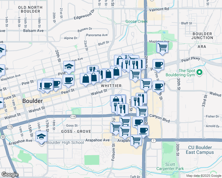 map of restaurants, bars, coffee shops, grocery stores, and more near 2340 Walnut Street in Boulder