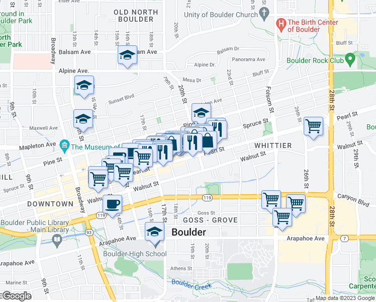 map of restaurants, bars, coffee shops, grocery stores, and more near in Boulder