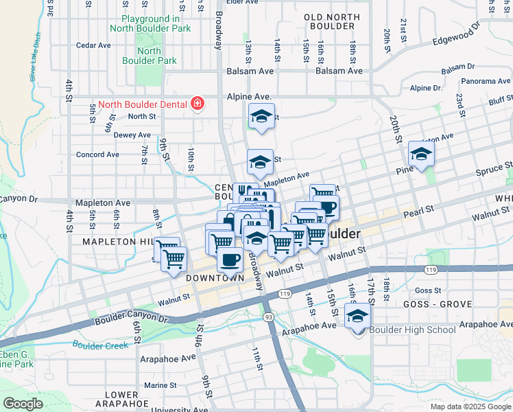 map of restaurants, bars, coffee shops, grocery stores, and more near in Boulder