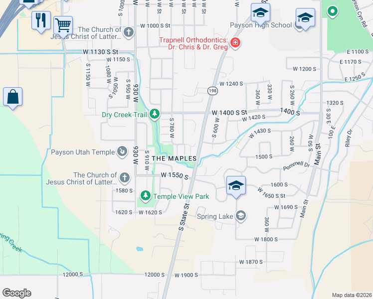 map of restaurants, bars, coffee shops, grocery stores, and more near 1483 South Red Maple Court in Payson